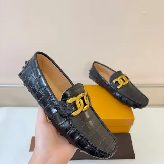 Tod's Negro Oro Cuero Embossado Cocodrilo Hebilla Horsebit Mocasín
