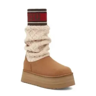 UGG Brown Beige Platform Sole Ruched Knit Cuff Snow Boots