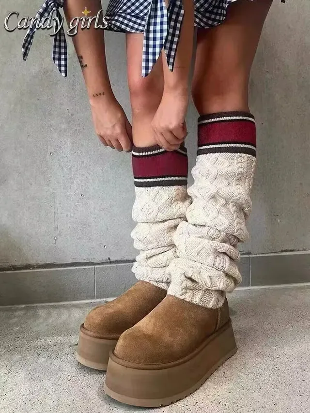 UGG Brown Beige Platform Sole Ruched Knit Cuff Snow Boots 3