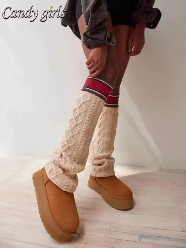 UGG Brown Beige Platform Sole Ruched Knit Cuff Snow Boots 4