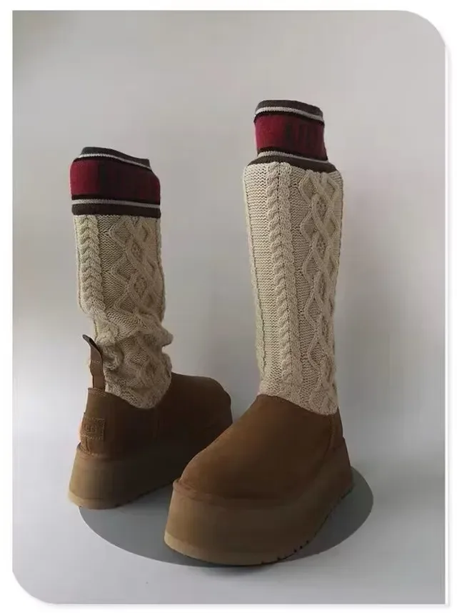 UGG Brown Beige Platform Sole Ruched Knit Cuff Snow Boots 6