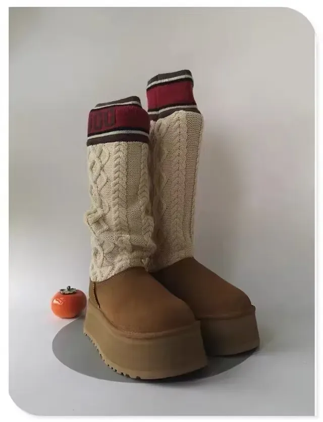 UGG Brown Beige Platform Sole Ruched Knit Cuff Snow Boots 8