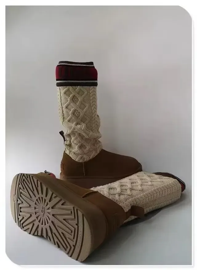 UGG Brown Beige Platform Sole Ruched Knit Cuff Snow Boots 9