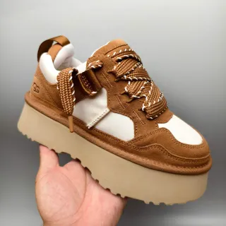 UGG بني بيج كعب مسطح جلد ناعم وشبكة تركيبة أحذية رياضية كثيفة