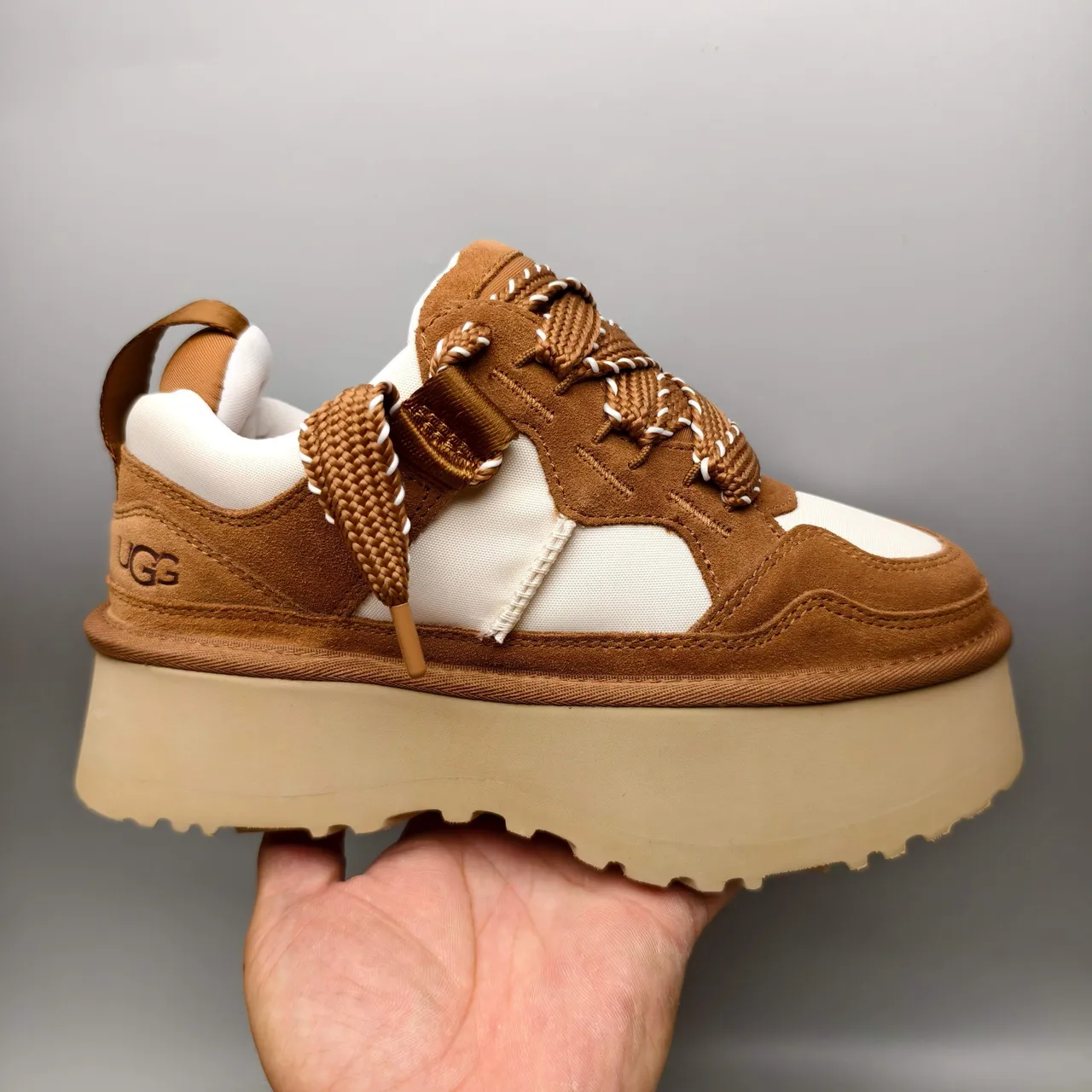 UGG Brown Beige Platform Sole Suede And Mesh Paneling Chunky Sneakers 2
