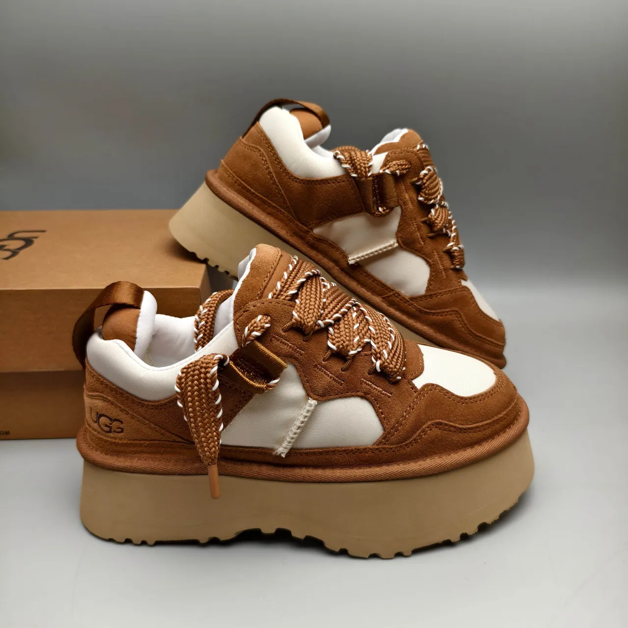 UGG Brown Beige Platform Sole Suede And Mesh Paneling Chunky Sneakers 6