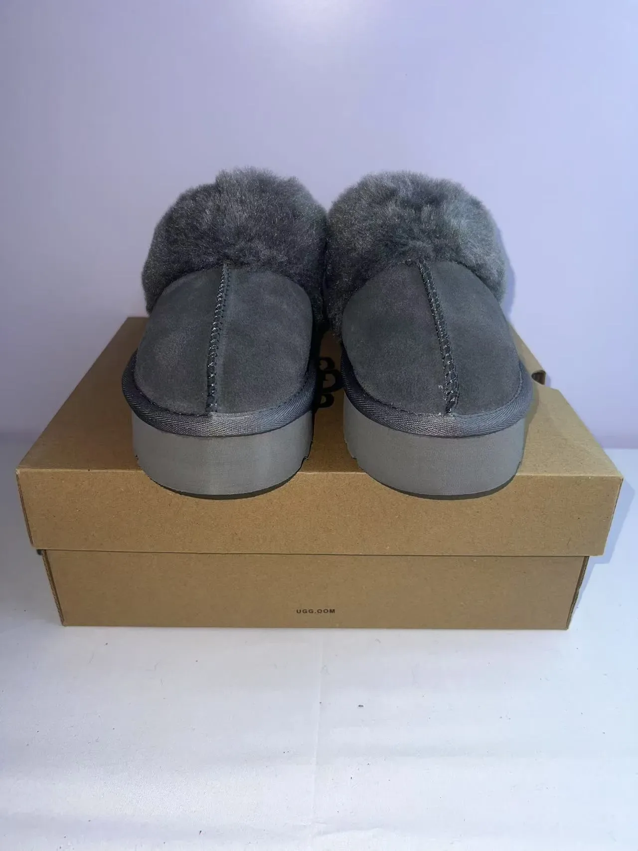 UGG Gray Platform Sole Plush Fur Strap Slippers 5