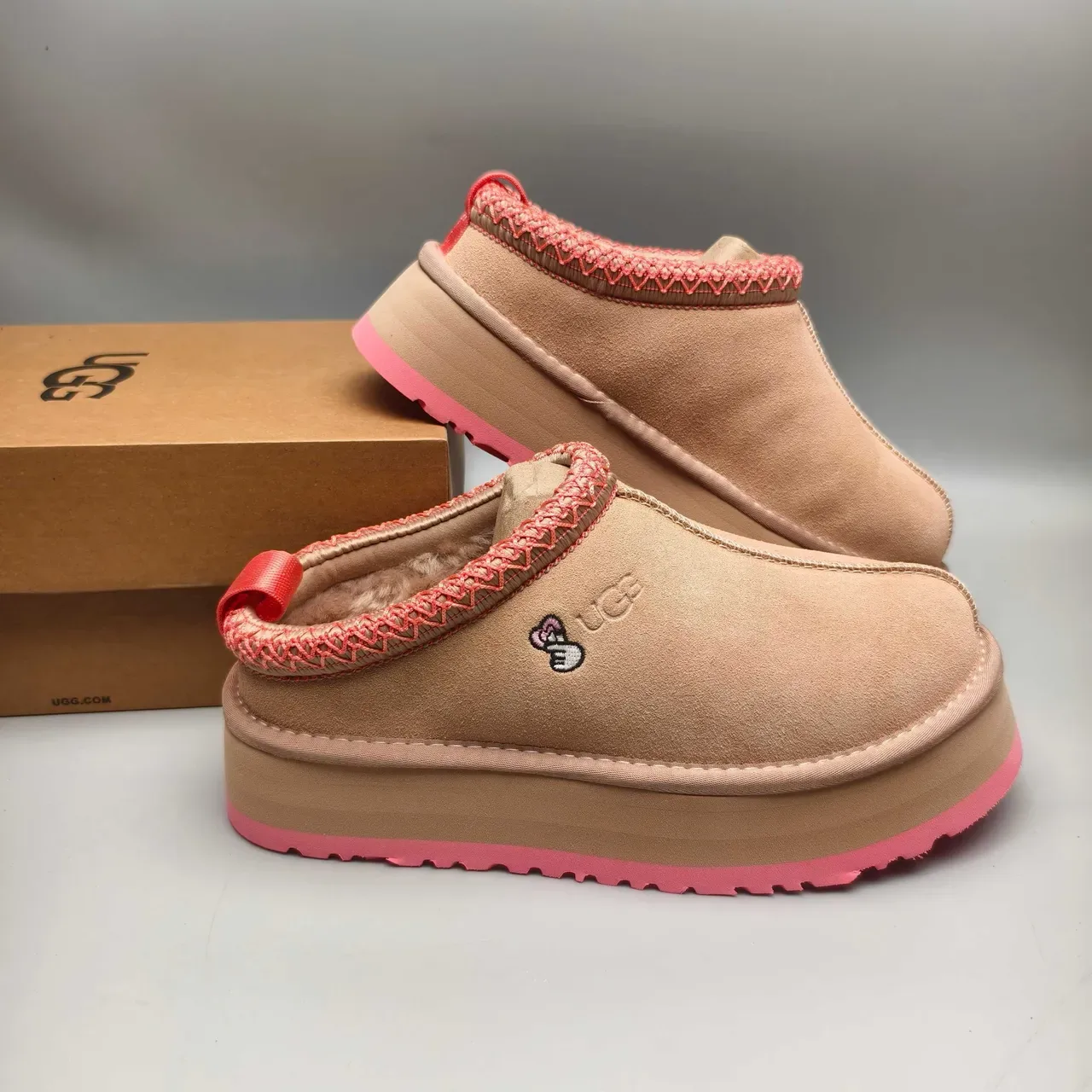 UGG Tasman Beige and Pink Platform Loafers 6