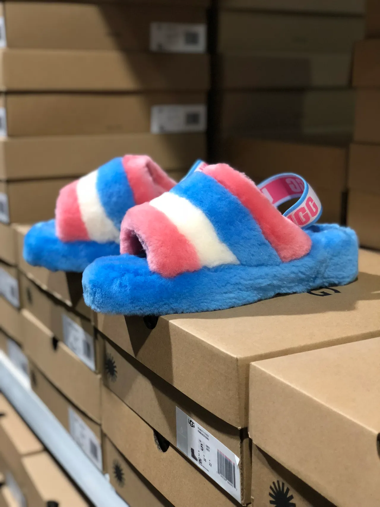 UGG Tasman Pink White Blue Striped Fuzzy Slippers 1