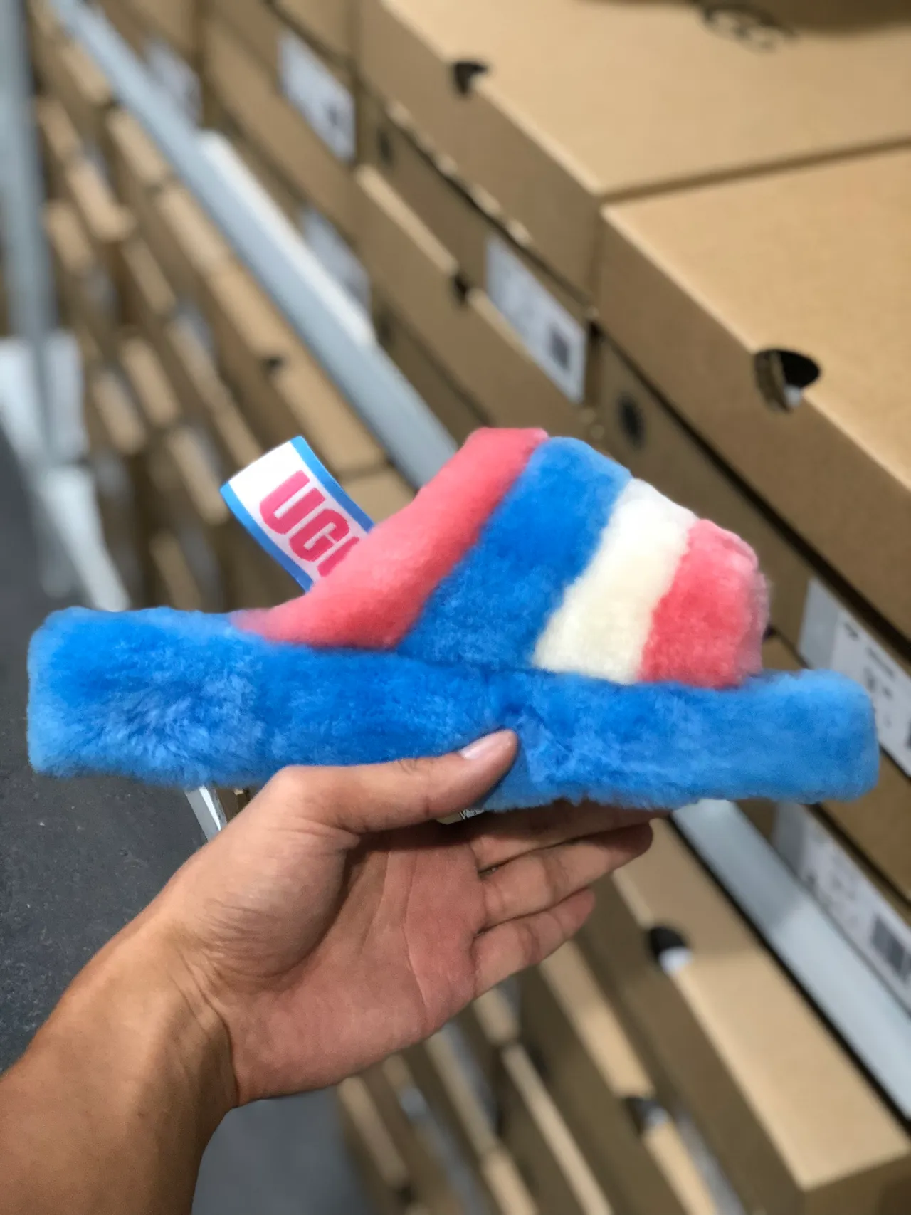UGG Tasman Pink White Blue Striped Fuzzy Slippers 7