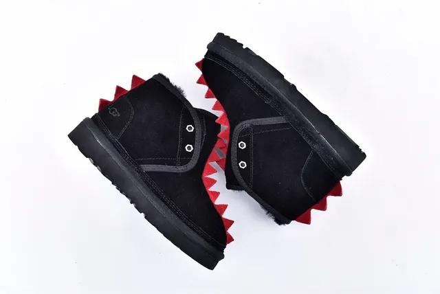 UGG The Fluff Squad Black Red Suede-Like Upper Spiked Collar Trim Snow Boots 13