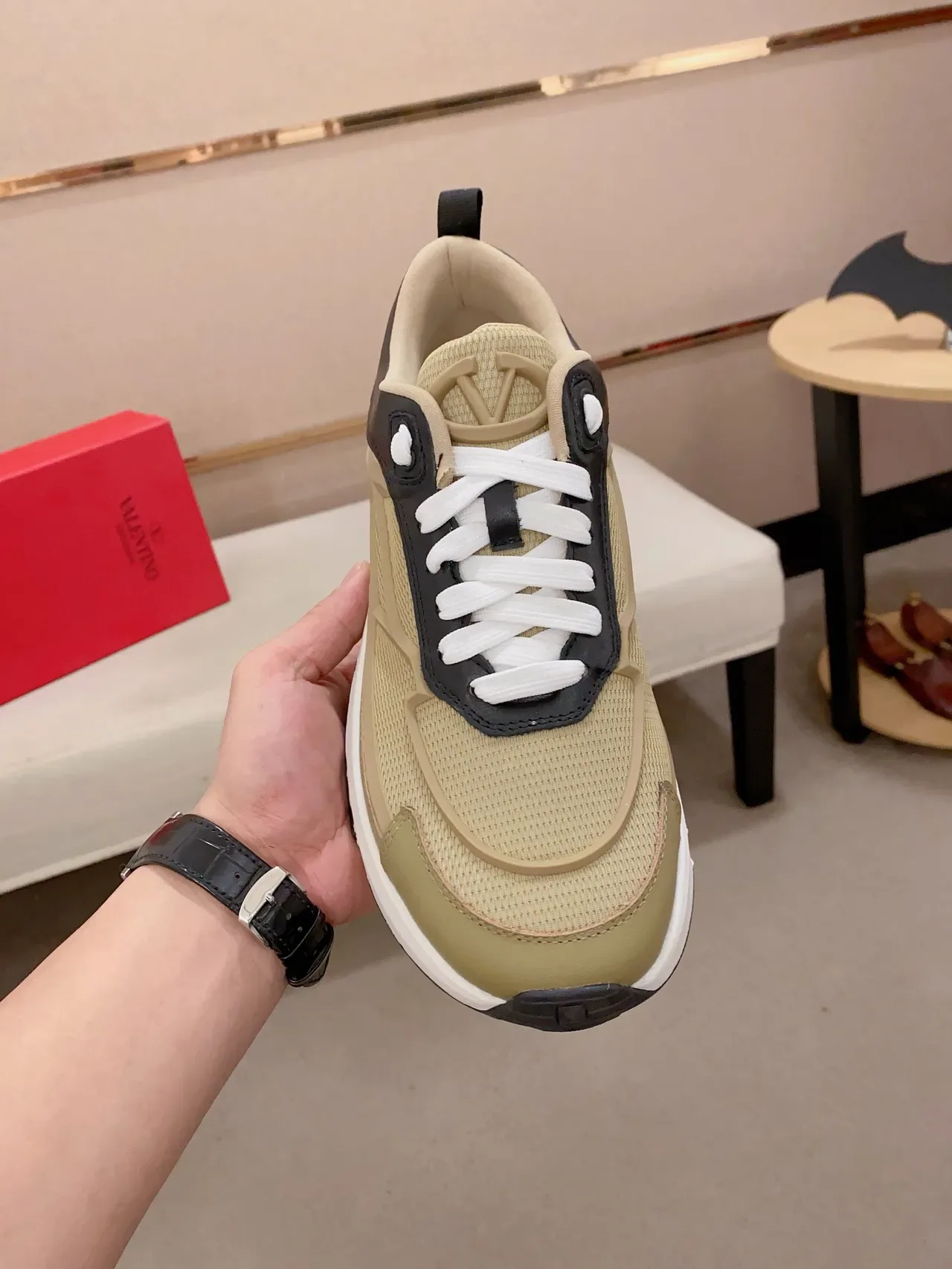 Valentino Beige Sola Preta Painel Malha e Couro Chunky Sneakers 5