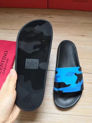 Valentino Noir Bleu Semelle Cuir Synthétique Sangle Camouflage Chaussons 2