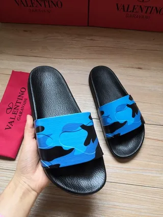 Valentino Noir Bleu Semelle Cuir Synthétique Sangle Camouflage Chaussons 3