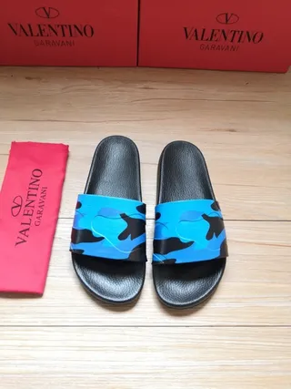 Valentino Noir Bleu Semelle Cuir Synthétique Sangle Camouflage Chaussons 4