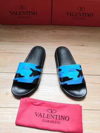 Valentino Noir Bleu Semelle Cuir Synthétique Sangle Camouflage Chaussons 5