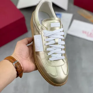 Valentino Gold White Metallic Leather Laces Lifestyle Sneakers