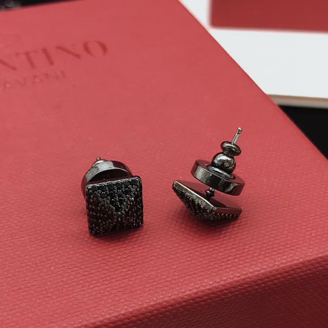 Valentino Rockstud Black Red Square Stud Pavé Stones Earrings 2