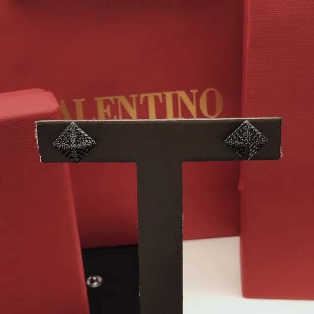 Valentino Rockstud Black Red Square Stud Pavé Stones Earrings 4