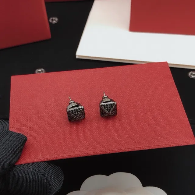 Valentino Rockstud Black Red Square Stud Pavé Stones Earrings 6