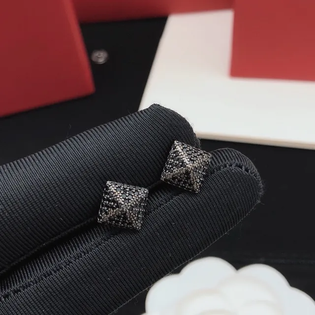 Valentino Rockstud Black Red Square Stud Pavé Stones Earrings 7