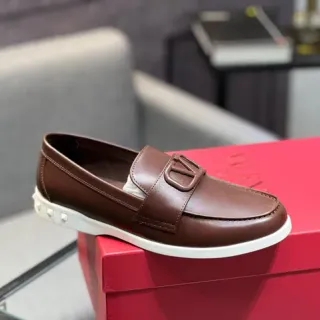 Valentino Rockstud Brown White Leather VLogo Buckle Loafer