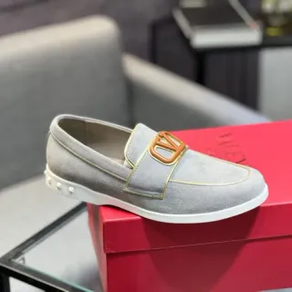 Valentino Rockstud Gray White Suede Upper VLOGO Buckle Loafer