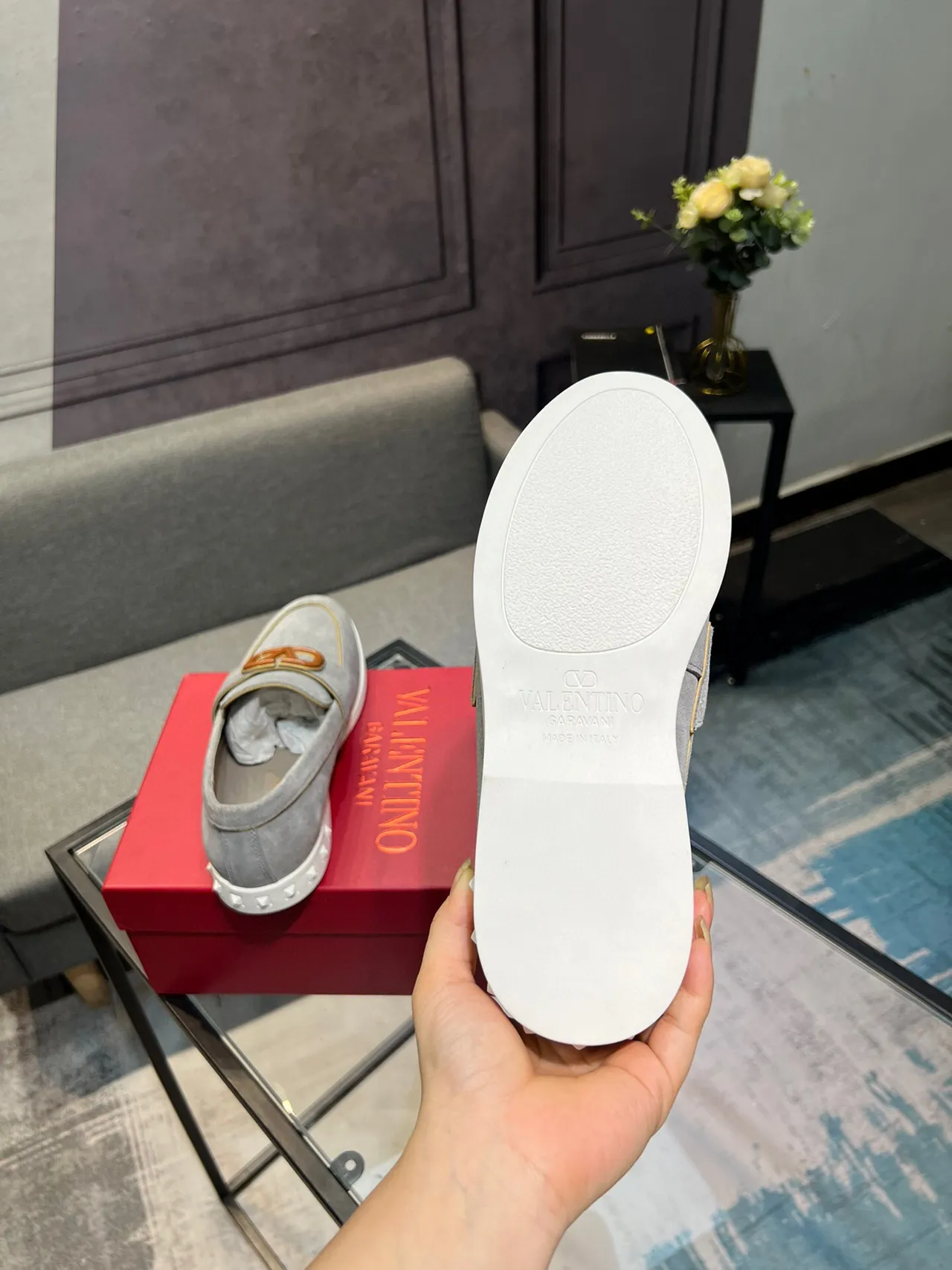 Valentino Rockstud Daim Gris Blanc Supérieur VLOGO Boucle Loafer 9