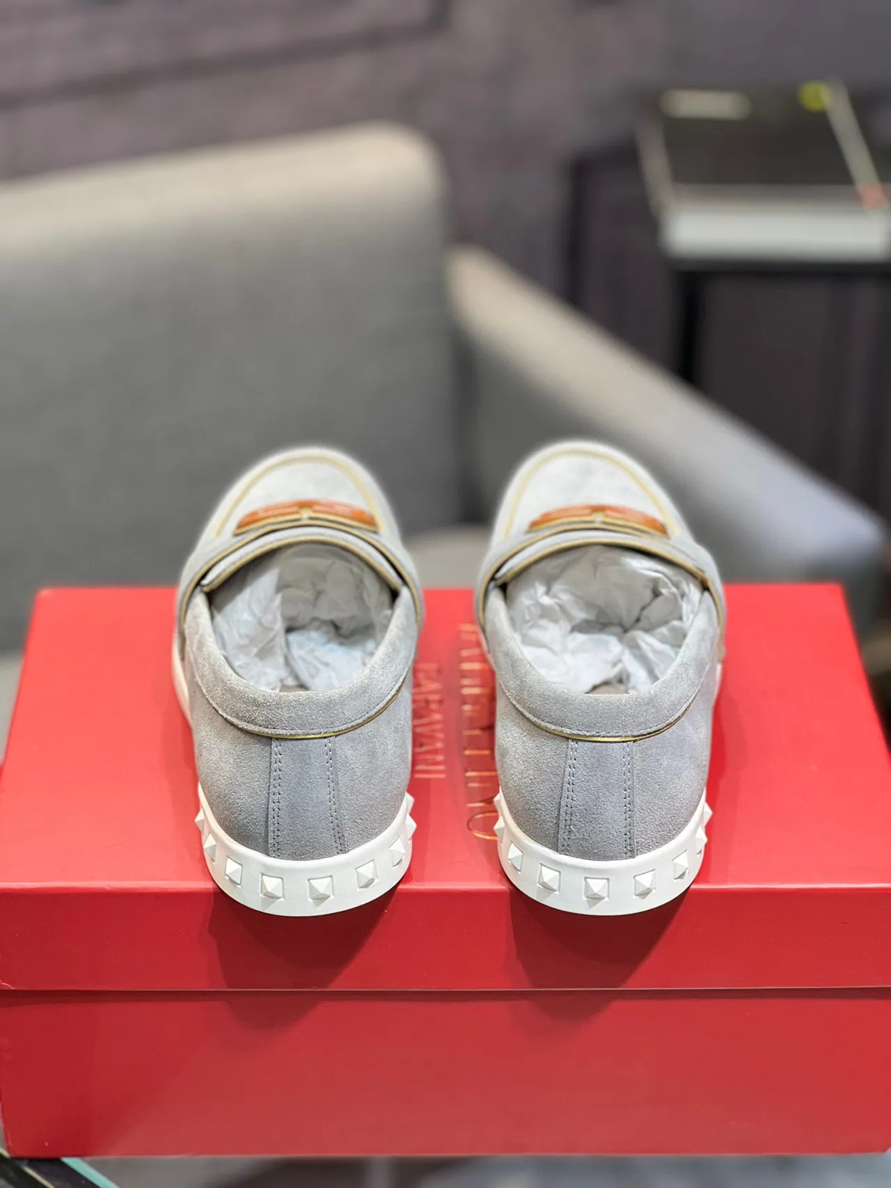 Valentino Rockstud Daim Gris Blanc Supérieur VLOGO Boucle Loafer 6