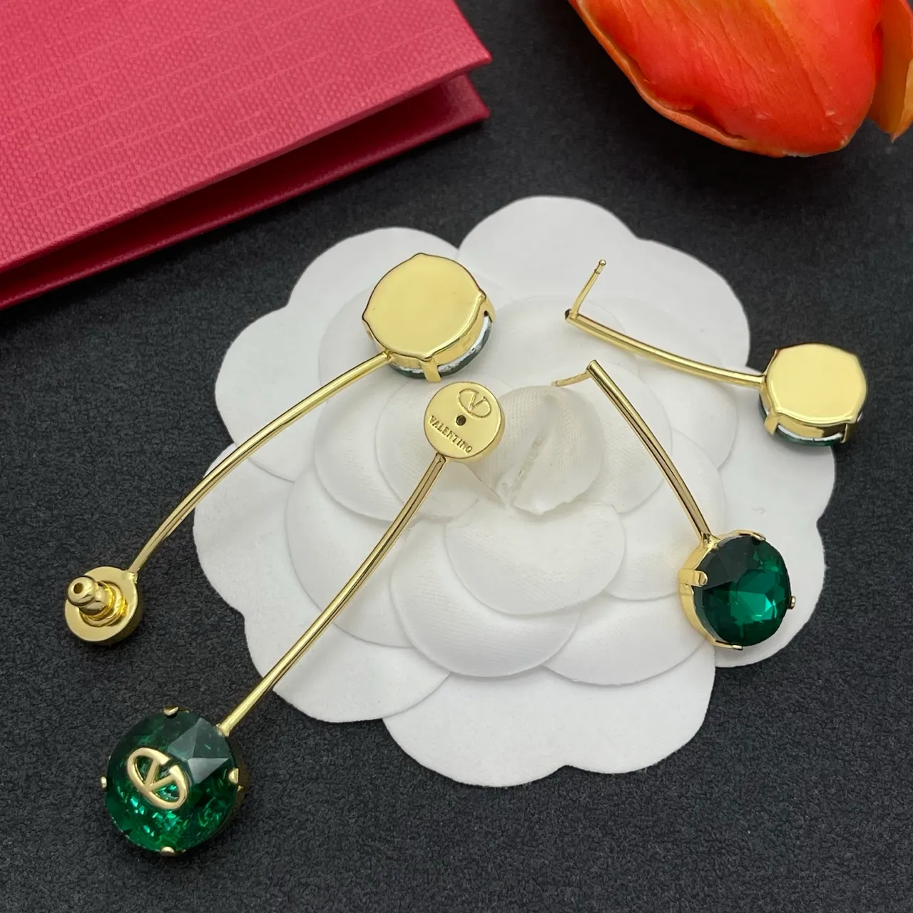 Valentino VLogo Verde Oro Facetados Cristal Metal Aretes 4