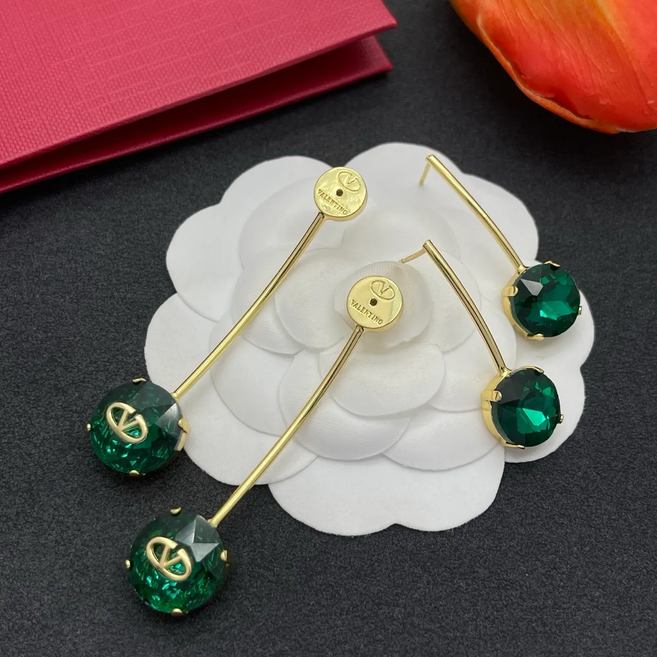 Valentino VLogo Verde Oro Facetados Cristal Metal Aretes 6
