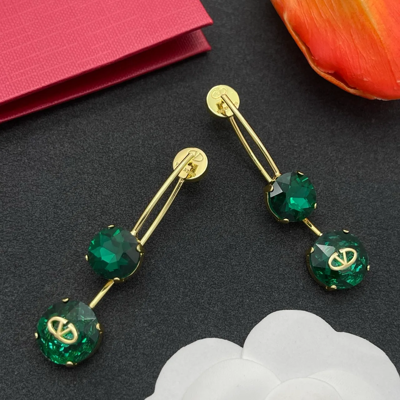 Valentino VLogo Verde Oro Facetados Cristal Metal Aretes 8