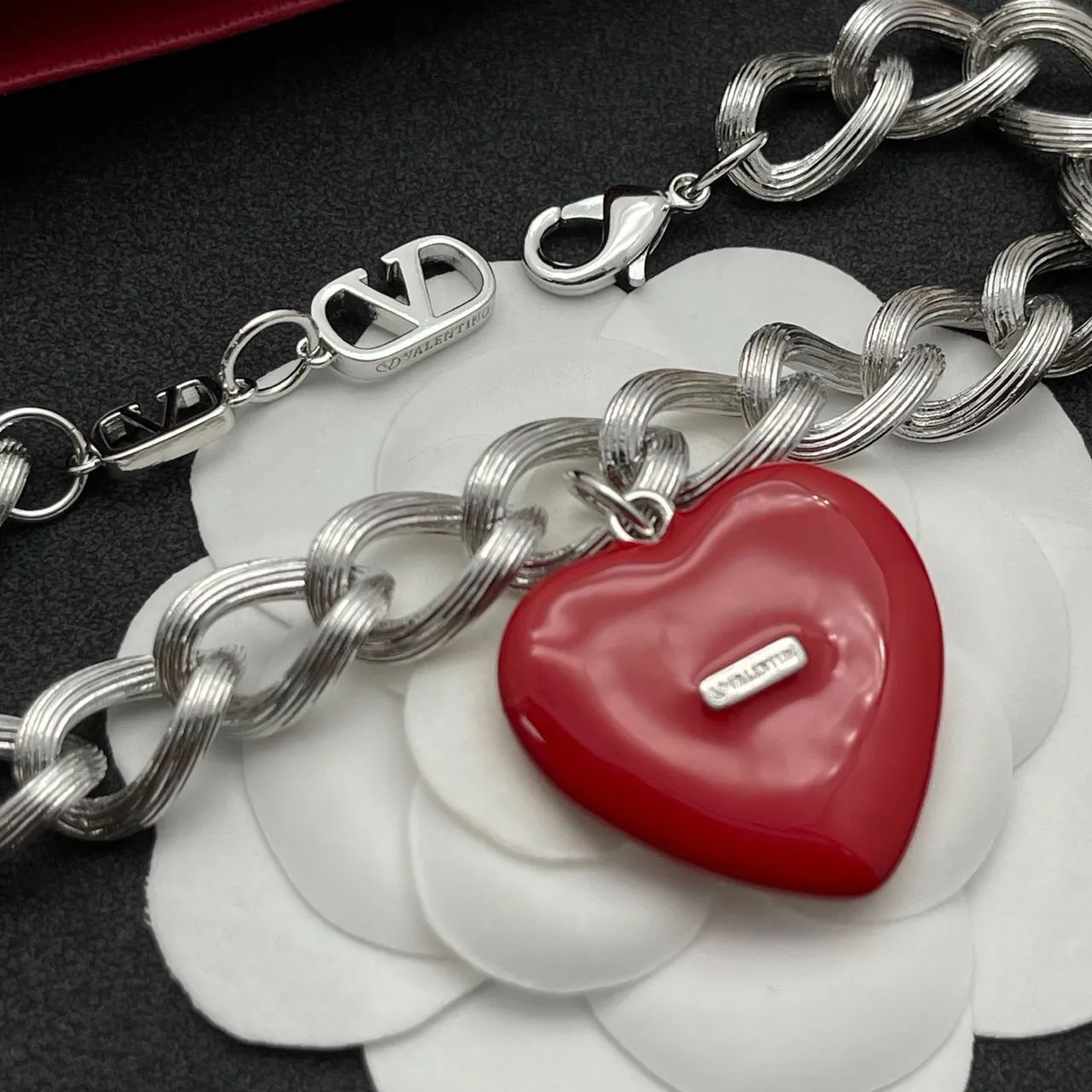 Valentino VLogo Heart Red Enamel Silver Chain Bracelet 3