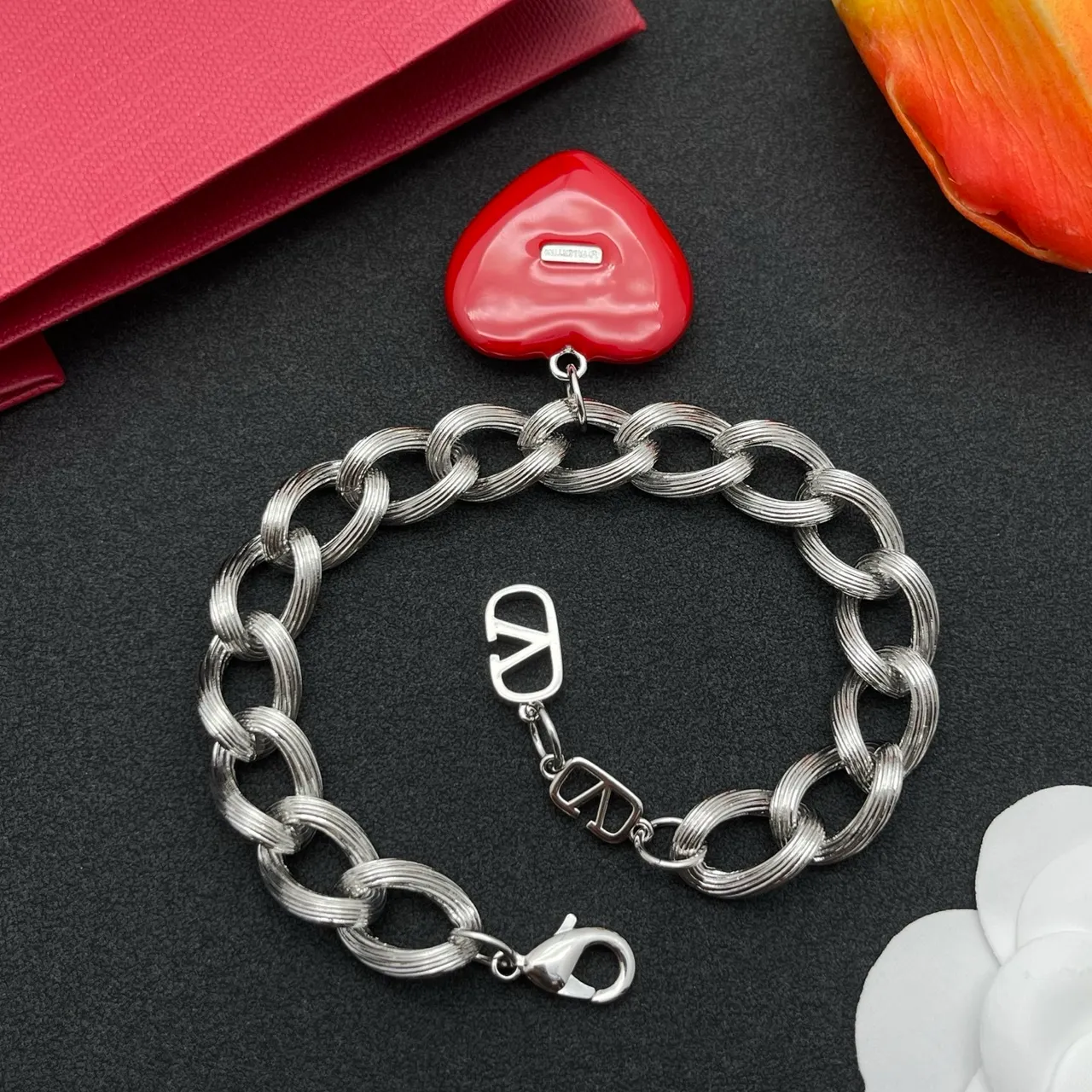 Valentino VLogo Heart Red Enamel Silver Chain Bracelet 4