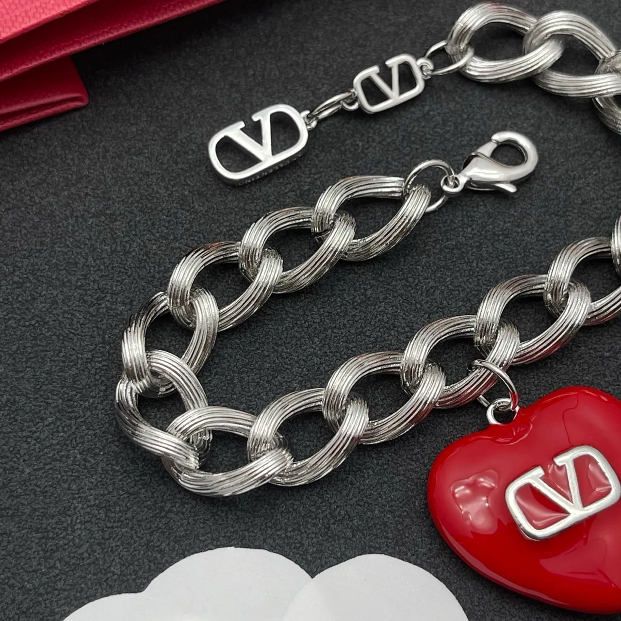 Valentino VLogo Heart Red Enamel Silver Chain Bracelet 5