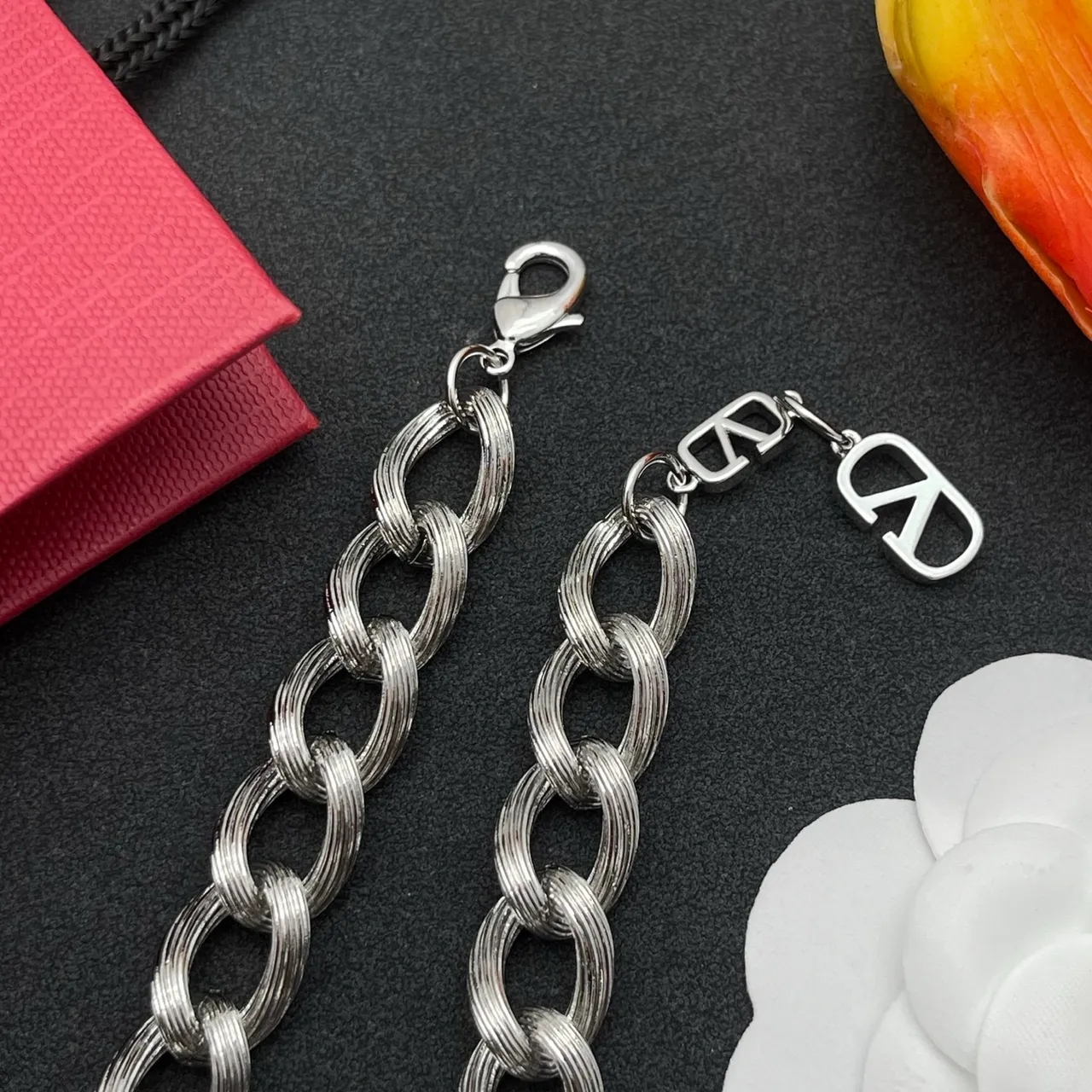 Valentino VLogo Heart Red Enamel Silver Chain Bracelet 6