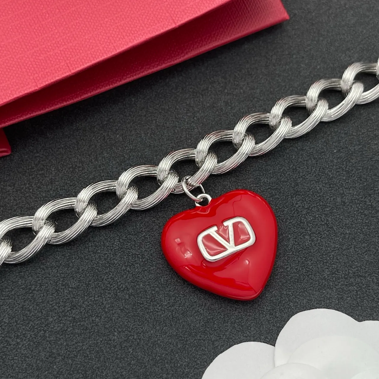 Valentino VLogo Heart Red Enamel Silver Chain Bracelet 7