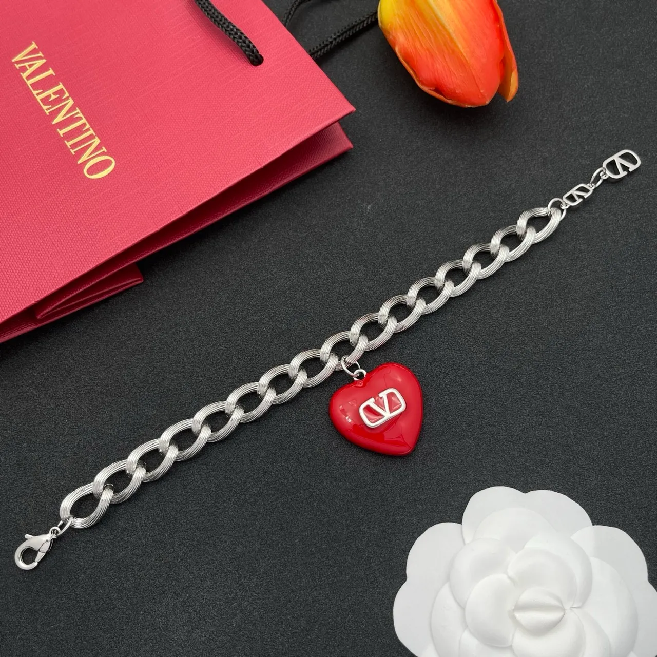 Valentino VLogo Heart Red Enamel Silver Chain Bracelet 8