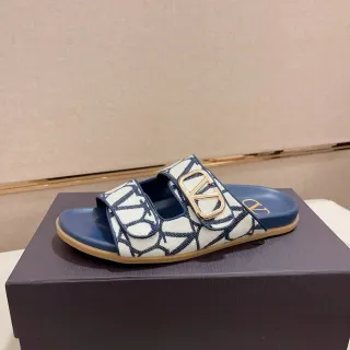 Valentino VLogo Slide Sandalias de lona impresas en azul marino y blanco