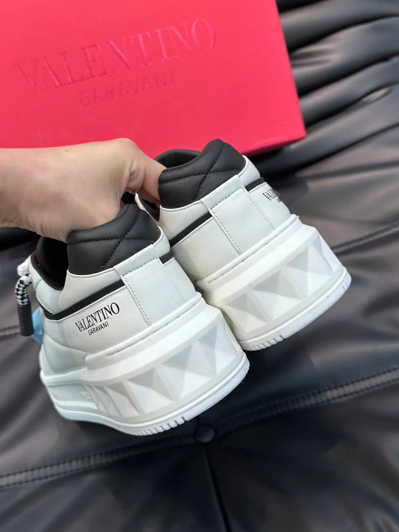 Valentino White Blue Geometric Pyramid Stud Checkered Laces Chunky Sneakers 2