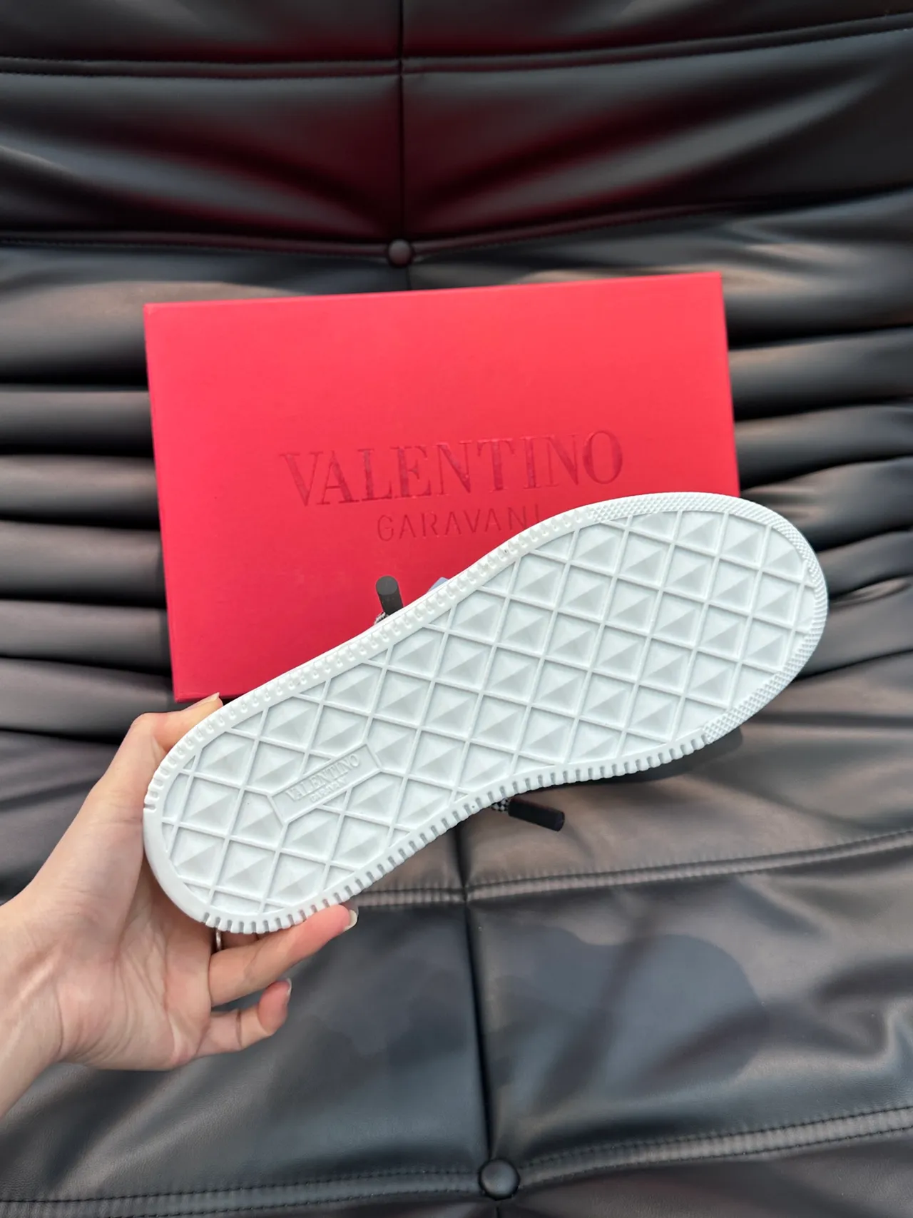 Valentino White Blue Geometric Pyramid Stud Checkered Laces Chunky Sneakers 3