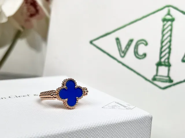 Van Cleef & Arpels Alhambra Blue Enamel Rose Gold Ring 7