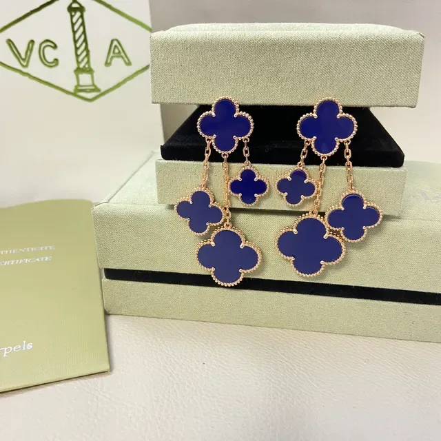 Van Cleef & Arpels Alhambra Blue Enamel Four-Leaf Clover Dangling Earrings 2