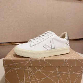 VEJA White Silver Leather Upper Metallic V Logo Lifestyle Sneakers