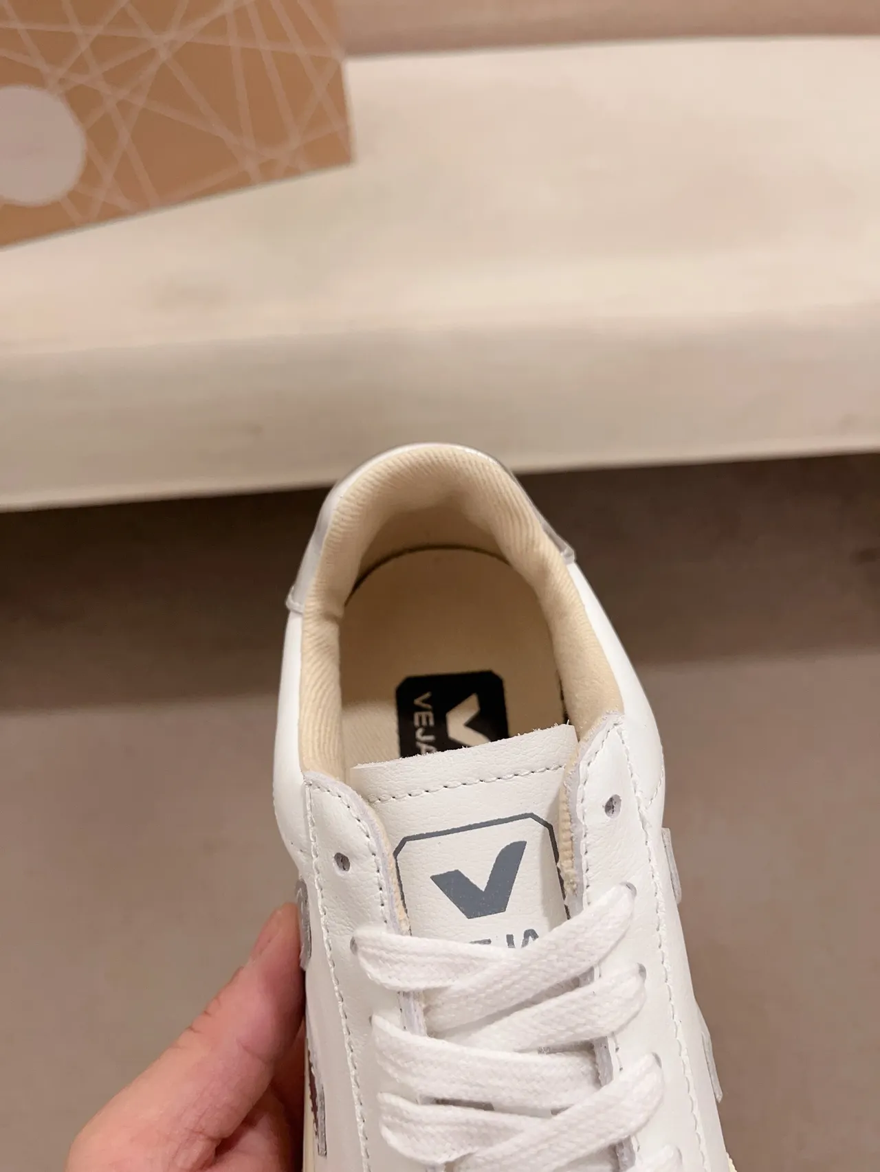 VEJA White Silver Leather Upper Metallic V Logo Lifestyle Sneakers 3