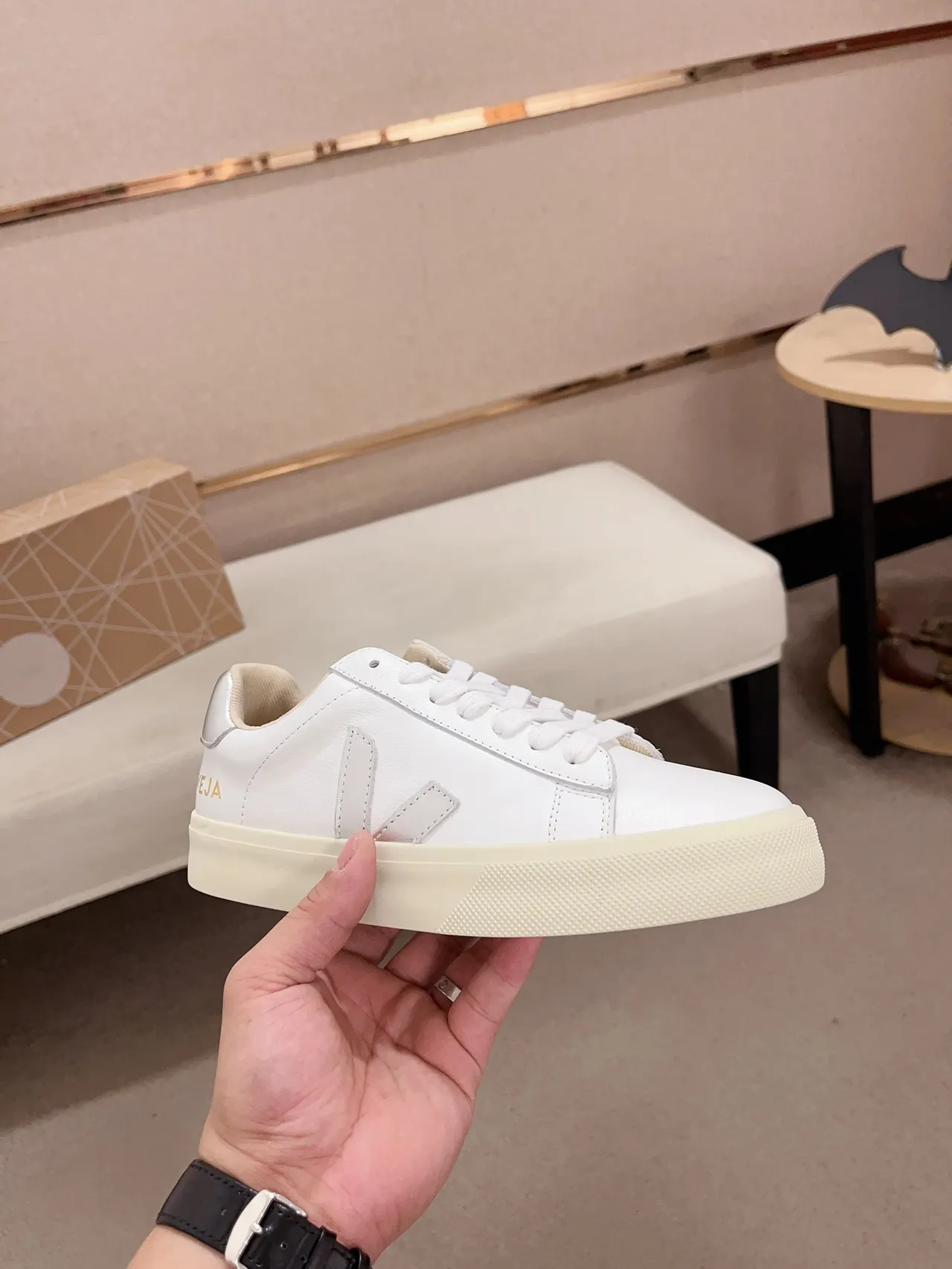 VEJA White Silver Leather Upper Metallic V Logo Lifestyle Sneakers 4