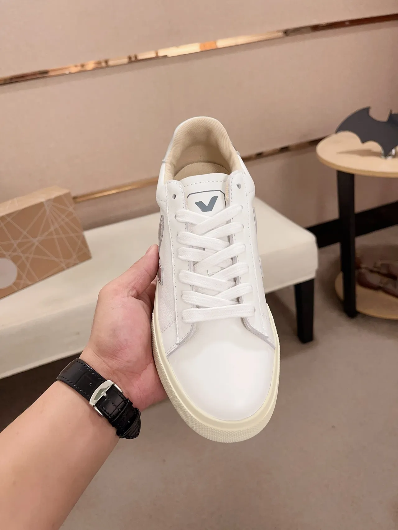 VEJA White Silver Leather Upper Metallic V Logo Lifestyle Sneakers 5