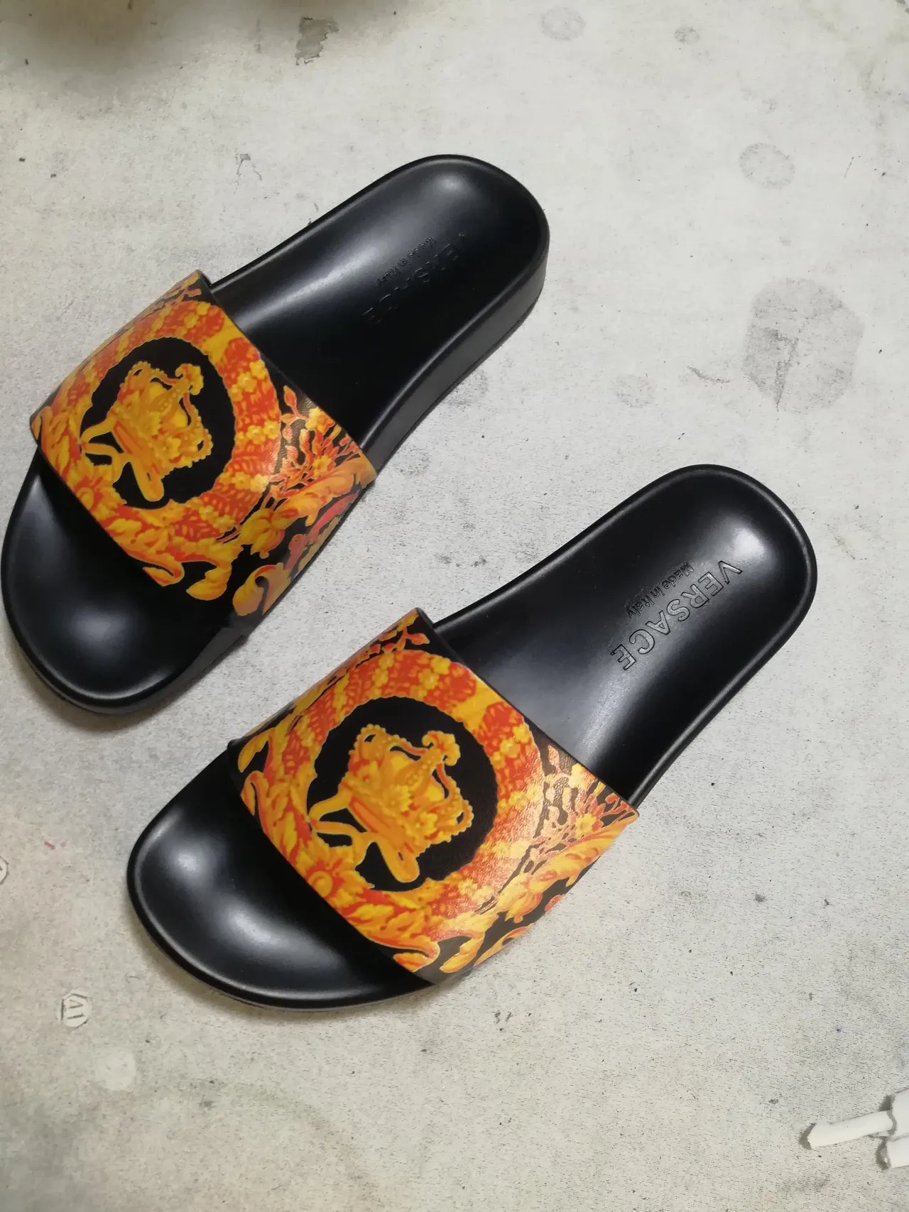 Versace Black Multicolor Molded Rubber Sole Bold Printed Strap Slippers 1