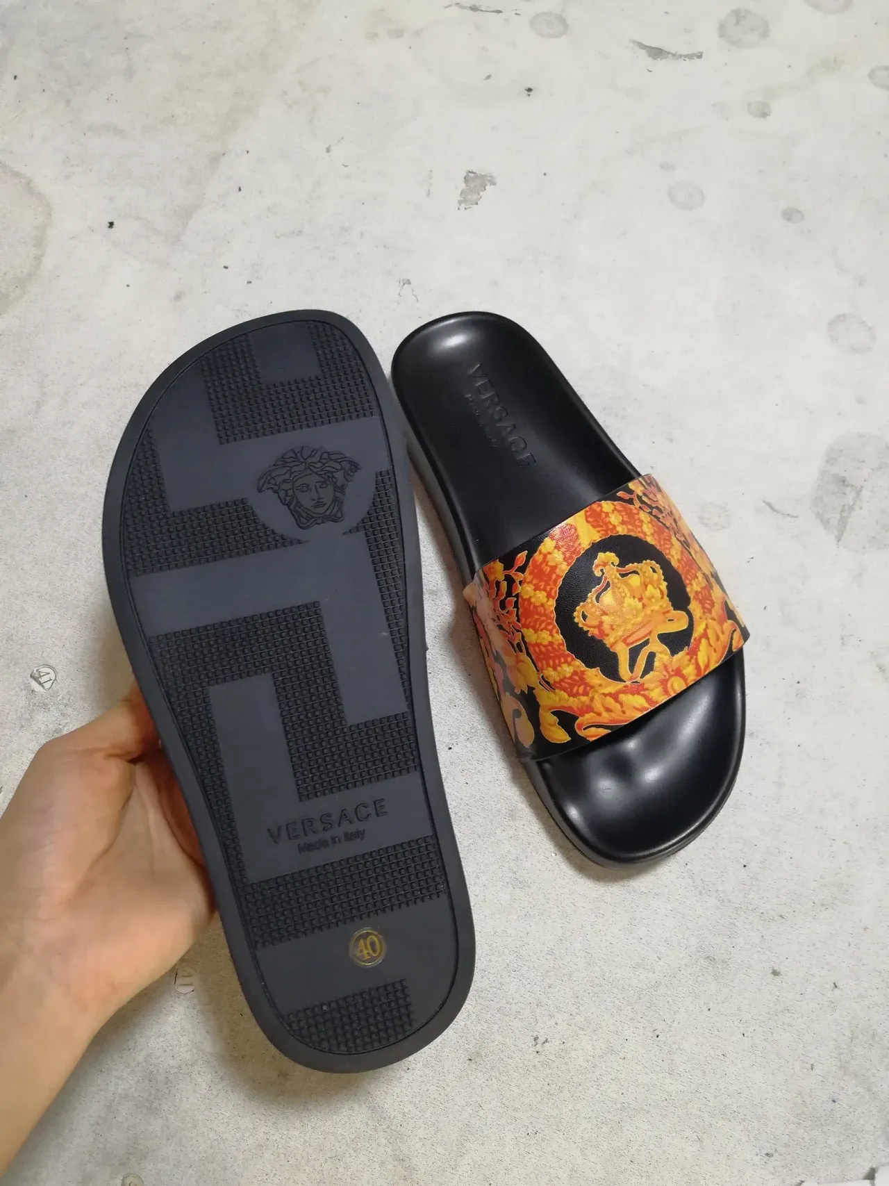 Versace Black Multicolor Molded Rubber Sole Bold Printed Strap Slippers 3