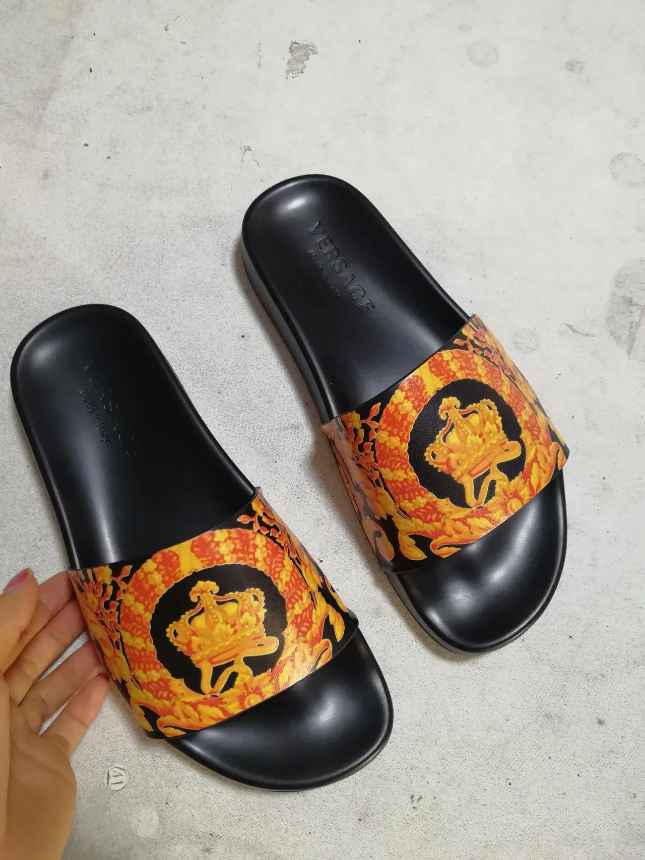 Versace Black Multicolor Molded Rubber Sole Bold Printed Strap Slippers 4